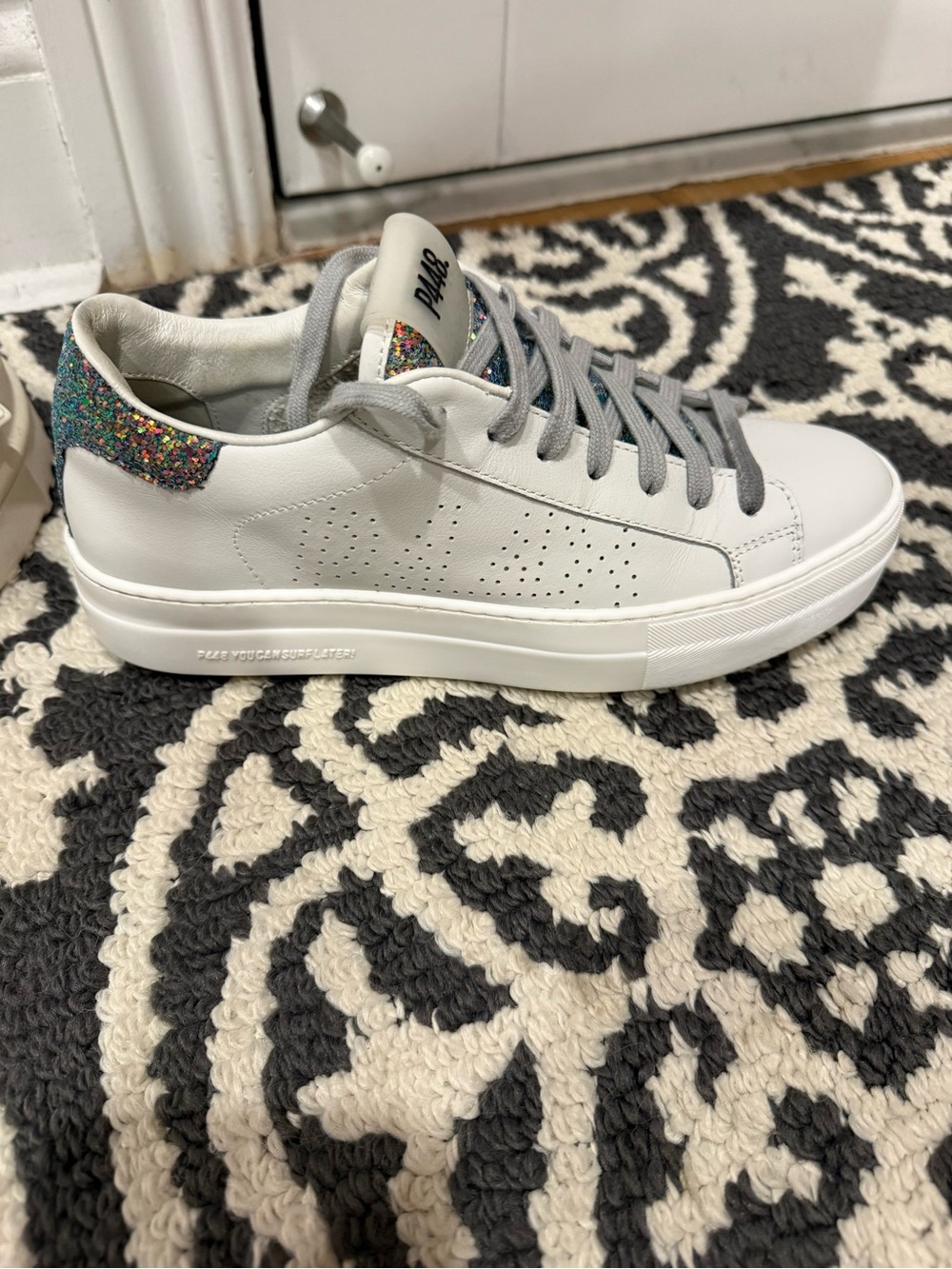 P448 Women's White Leather Sneakers with Multicolor Glitter Size 37